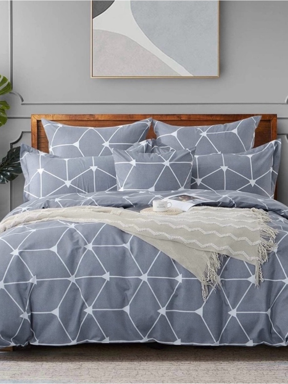 Amazon Gray and White Lattice Geometric Duvet Cover Set